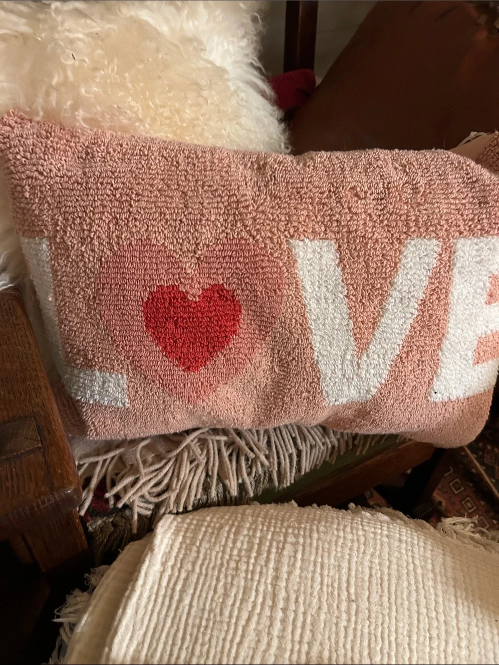 Plush Pink 'LOVE' Hooked Accent Pillow with Red Heart
